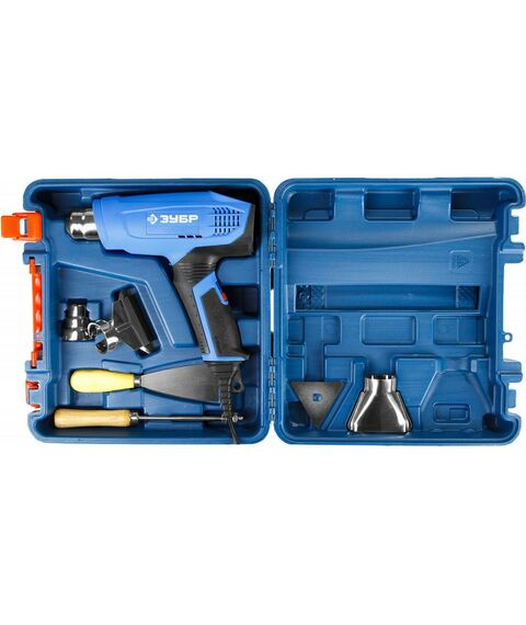 Фены технические: Фен технический (строительный) Зубр Профессионал ФТ-П2000 М2ДК ЖК-дисплей, память темп-ры, 2 режима: 80-600 град, 220/550 л/мин, кейс, 2000 Вт фотографии