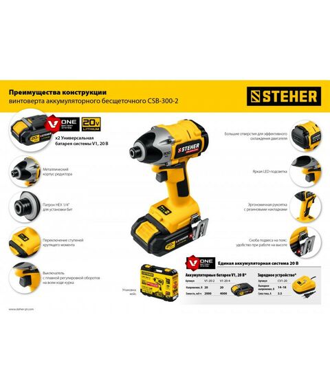Винтоверты: Бесщёточный винтоверт STEHER CSB-300-2 20В, 2 АКБ (2Ач), в кейсе фотографии