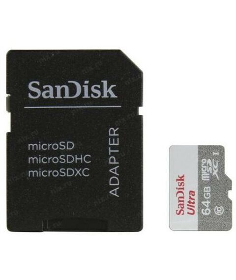 Secure Digital карты: microSDXC SanDisk 64Gb Ultra 80 UHS-I U1 Class10 + adapter [SDSQUNS-064G-GN3MA] фотографии