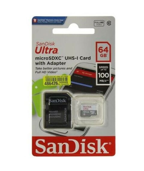 Secure Digital карты: microSDXC SanDisk 64Gb Ultra 80 UHS-I U1 Class10 + adapter [SDSQUNS-064G-GN3MA] фотографии