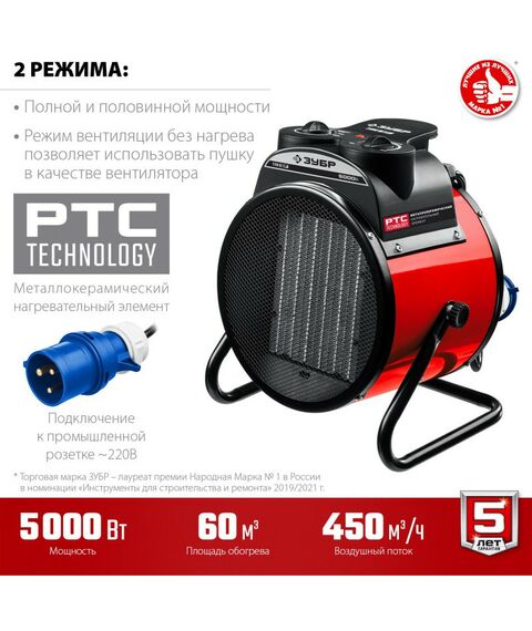 Тепловые пушки: Электрическая тепловая пушка Зубр ТПК-5Р 5 кВт, МКН фотографии