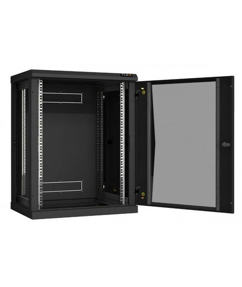 Шкафы и стойки: Настенный разборный шкаф TLK TWC-156045-R-G-BK 19", 15U, стеклянная дверь, Ш600хВ770хГ450мм, 2 пары монтажных направляющих, черный фотографии