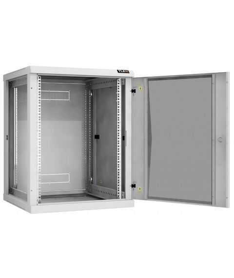 Шкафы и стойки: Настенный разборный шкаф TLK TWC-156060-R-G-GY 19", 15U, стеклянная дверь, Ш600хВ770хГ600мм, 2 пары монтажных направляющих, серый фотографии