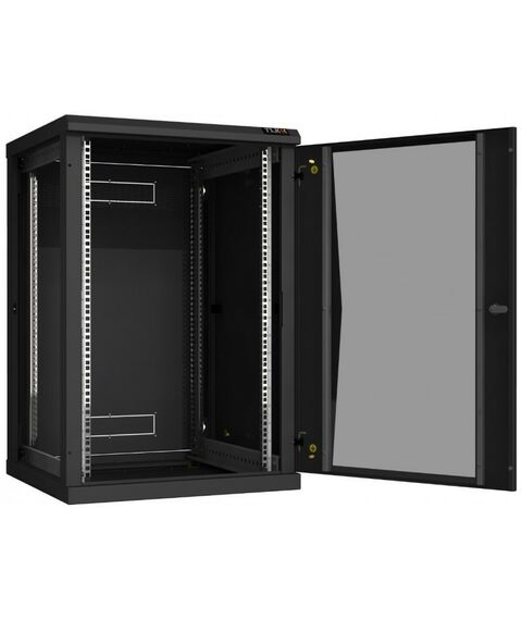 Шкафы и стойки: Настенный разборный шкаф TLK TWC-186060-R-G-BK 19", 18U, стеклянная дверь, Ш600хВ904хГ600мм, 2 пары монтажных направляющих, черный фотографии
