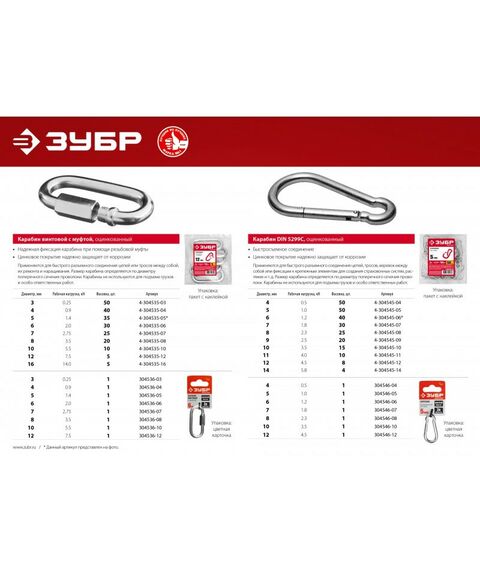 Такелажный крепеж: Карабин Зубр 4мм DIN 5299С, 50 шт, оцинкованный [4-304545-04] фотографии