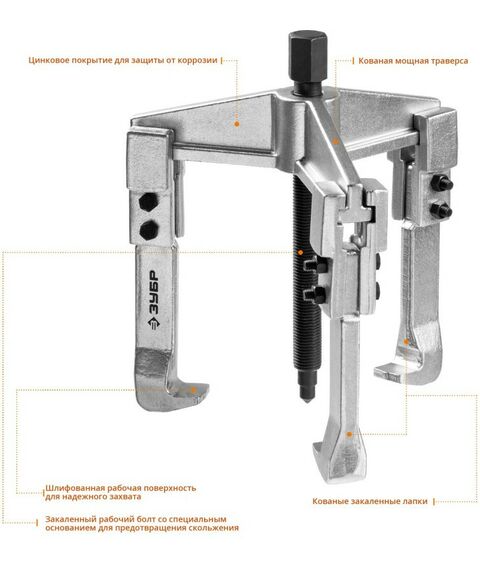 Демонтажный инструмент: Съемник раздвижной 3-захватный Зубр Профессионал 150 мм [43312-180-150] фотографии