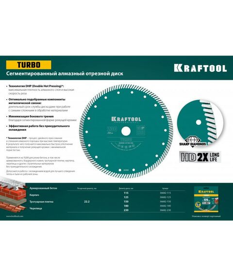 Пильные и алмазные диски: Диск алмазный отрезной сегментированный KRAFTOOL TURBO 230 мм по армированному бетону, кирпичу [36682-230] фотографии