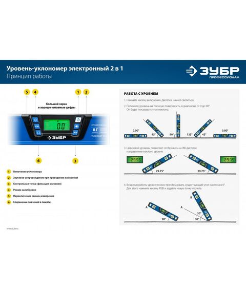 Строительные уровни: Горизонт уровень-уклономер Зубр Профессионал 400 мм диапазон 0-90°, Точность ±0,1°, подсветка экрана [34286] фотографии