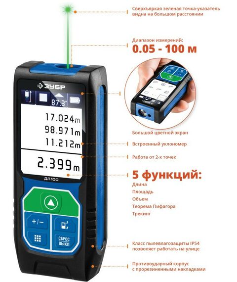 Дальномеры: Лазерный дальномер Зубр Профессионал ДЛ-100 точность 2 мм, дальность 100м, класс защиты IP54 [34923] фотографии