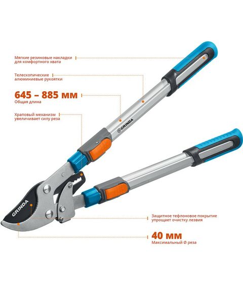 Кусторезы, ножницы, секаторы: Плоскостной телескопический сучкорез GRINDA TX-980 с храповым механизмом [424515] фотографии