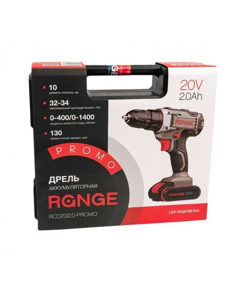 Дрели и шуруповерты: Аккумуляторная дрель RANGE RCD20/2.0-PROMO 20В, 2 Li акк. 2.0Ач, 34Нм, метал. патрон, кейс фотографии