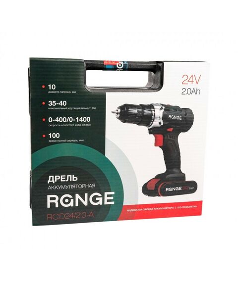 Дрели и шуруповерты: Аккумуляторная дрель RANGE RCD24/2.0-A 24В, 2Li акк, 2.0Ач, 40Нм, LED-подсветка, кейс фотографии