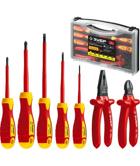 Диэлектрический инструмент: Набор Зубр Профессионал 2214-H7 губцевый инструмент, диэлектрический, высоковольтный до ~1000В, маслобензостойкая рукоятка, 7 предметов [2214-H7_z01] фотографии