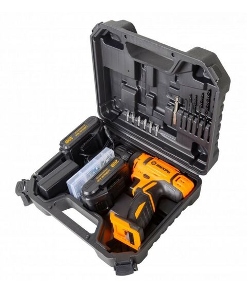 Дрели и шуруповерты: Дрель-шуруповерт аккумуляторная Вихрь ДА-20Л-2КА безударный, быстрозажимной, 400/1400 об/мин, 42/22 Нм, 20 В, 1.5 А*ч, 2.5 кг, кейс, с набором оснастки 65 предметов [72/14/36] фотографии
