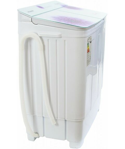 Стиральные машины: Стиральная машина WILLMARK WMS-95G белая, стеклянная крышка, фиолетовые цветы фотографии