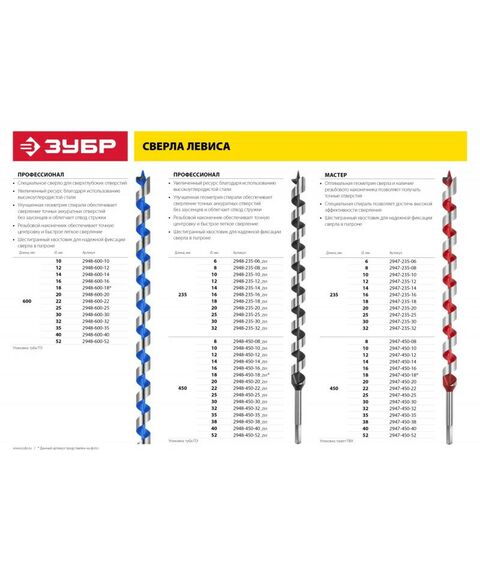 Буры, пики, коронки, сверла: Сверло левиса по дереву Зубр 52x450/360мм шестигранный хвостовик [2947-450-52] фотографии
