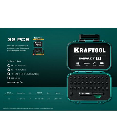 Наборы оснастки: Набор ударных бит KRAFTOOL IMPACT-32 32 шт [26066-H32] фотографии