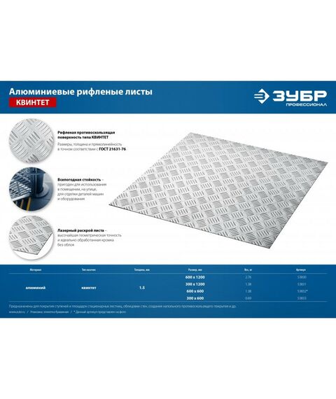 Штукатурный инструмент: Алюминиевый рифленый лист Зубр Квинтет 600х1200 х1.5 мм [53830] фотографии