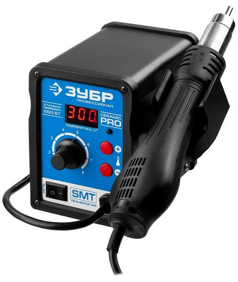 Паяльное оборудование: Термовоздушная паяльная станция Зубр ПСТ-650 цифровая 650Вт, 100-500°C, 120 л/мин, 3 насадки, керамический нагреватель [55350] фотографии