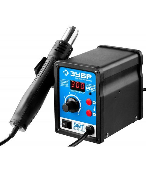 Паяльное оборудование: Термовоздушная паяльная станция Зубр ПСТ-650 цифровая 650Вт, 100-500°C, 120 л/мин, 3 насадки, керамический нагреватель [55350] фотографии