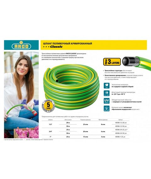 Шланги, системы водопровода и автополива: Поливочный шланг RACO CLASSIC 1/2" 50 м 25 атм трёхслойный армированный [40306-1/2-50_z01] фотографии