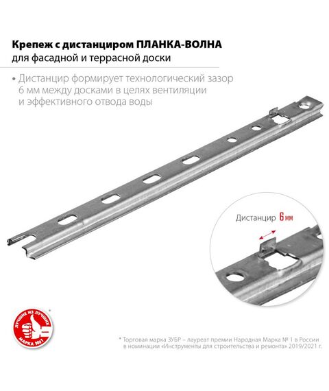 Перфорированный крепеж: Крепеж с дистанциром для фасадной и террасной доски Зубр Планка-Волна 190 мм 80 шт, оцинкованный [30703-190] фотографии