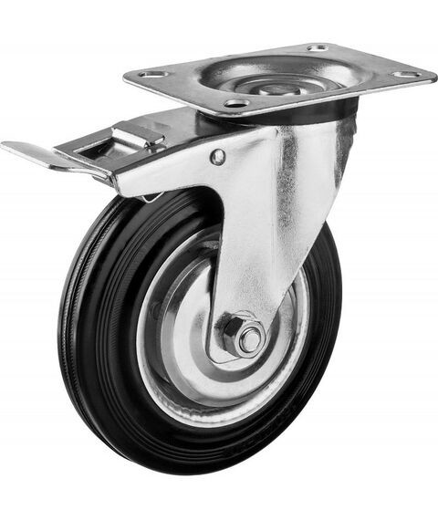 Мебельный крепеж: Колесо поворотное c тормозом Зубр Профессионал d=160 мм г/п 145 кг, резина/металл, игольчатый подшипник [30936-160-B] фотографии