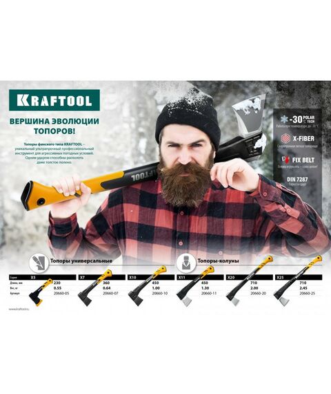 Топоры, колуны: Универсальный топор KRAFTOOL X7 640/715 г в чехле, 360 мм [20660-07] фотографии