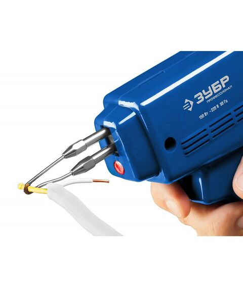 Паяльное оборудование: Импульсный паяльник в наборе Зубр 55412-H4 150Вт, нагрев 6 сек., канифоль, припой, 2 сменных жала, в кейсе фотографии