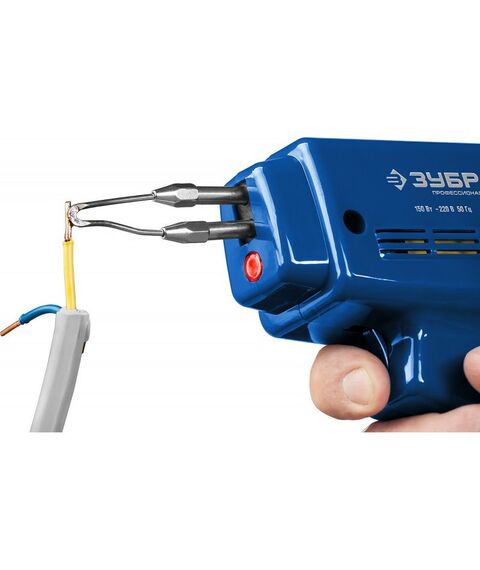 Паяльное оборудование: Импульсный паяльник в наборе Зубр 55412-H4 150Вт, нагрев 6 сек., канифоль, припой, 2 сменных жала, в кейсе фотографии