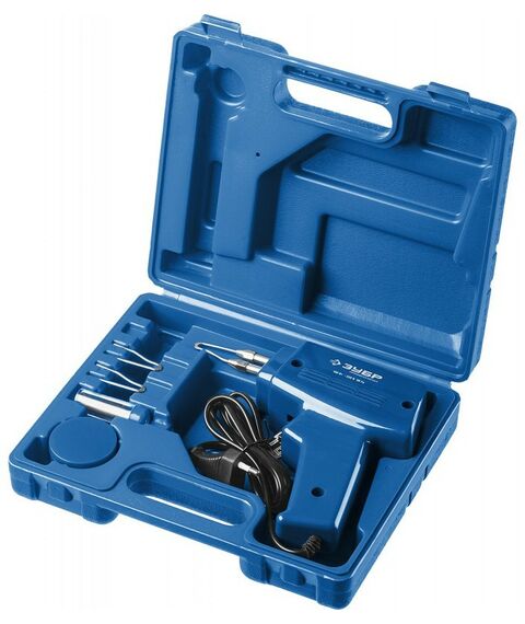 Паяльное оборудование: Импульсный паяльник в наборе Зубр 55412-H4 150Вт, нагрев 6 сек., канифоль, припой, 2 сменных жала, в кейсе фотографии