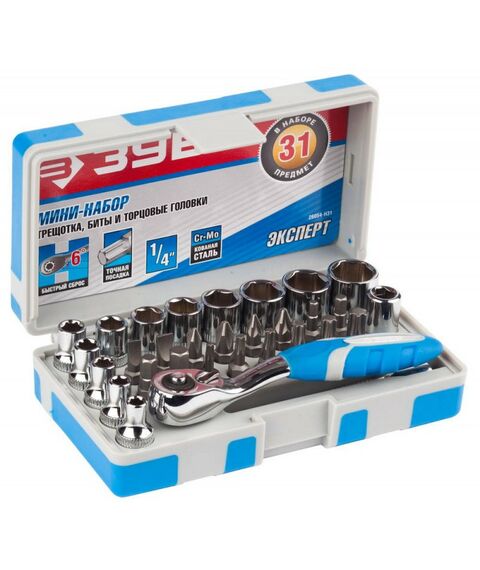 Наборы оснастки: Набор оснастки Зубр ЭКСПЕРТ 26054-H31 биты 16шт, торцов головки с мини трещоткой 12шт, адаптер для бит SQ 1/4"хHex 1/4", удлинит 1/4"/80мм фотографии