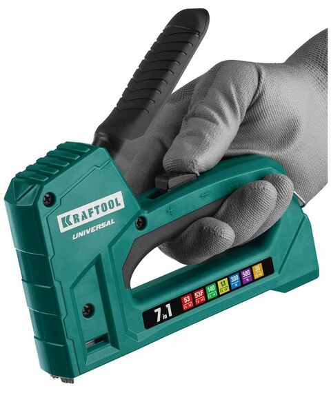 Степлеры: Универсальный лёгкий степлер KRAFTOOL Universal 31524 7-в-1: 53(6-14мм)/140(8-14 мм)/13/ 53F/36/500 фотографии