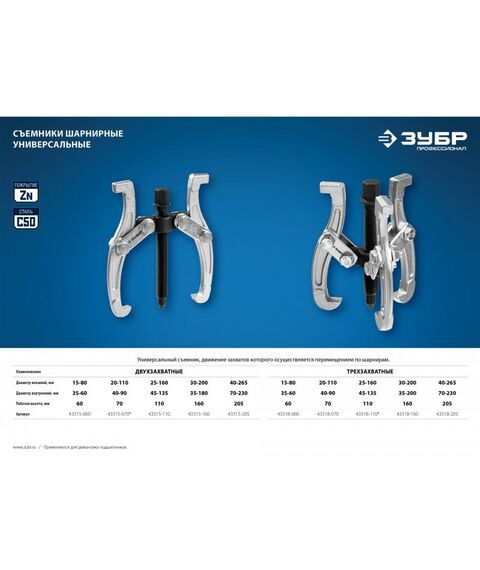 Демонтажный инструмент: Съемник шарнирный  3-захватный Зубр Профессионал 160 мм [43318-160] фотографии
