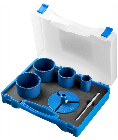 Буры, пики, коронки, сверла: Набор кольцевых коронок Зубр Профессионал 33350-H6 c карбид-вольфрамовым нанесением, 6 предм. в кейсе: коронки d 33, 53, 67, 73 мм, основание, сверло фотографии