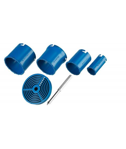 Буры, пики, коронки, сверла: Набор кольцевых коронок Зубр Профессионал 33350-H6 c карбид-вольфрамовым нанесением, 6 предм. в кейсе: коронки d 33, 53, 67, 73 мм, основание, сверло фотографии