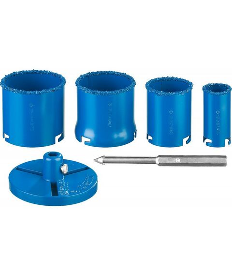 Буры, пики, коронки, сверла: Набор кольцевых коронок Зубр Профессионал 33350-H6 c карбид-вольфрамовым нанесением, 6 предм. в кейсе: коронки d 33, 53, 67, 73 мм, основание, сверло фотографии