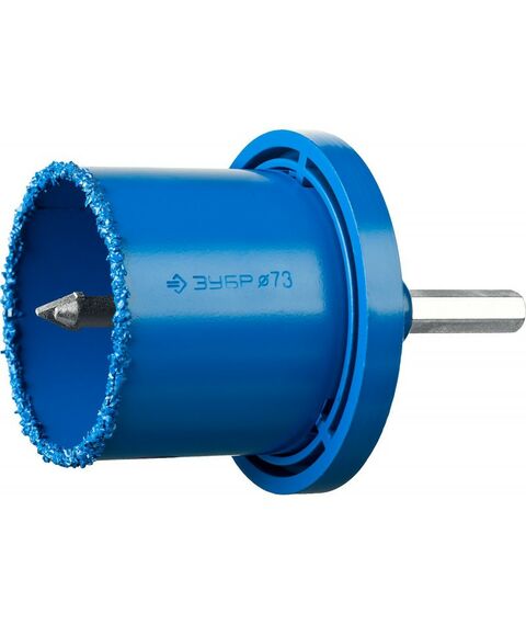 Буры, пики, коронки, сверла: Набор кольцевых коронок Зубр Профессионал 33350-H6 c карбид-вольфрамовым нанесением, 6 предм. в кейсе: коронки d 33, 53, 67, 73 мм, основание, сверло фотографии