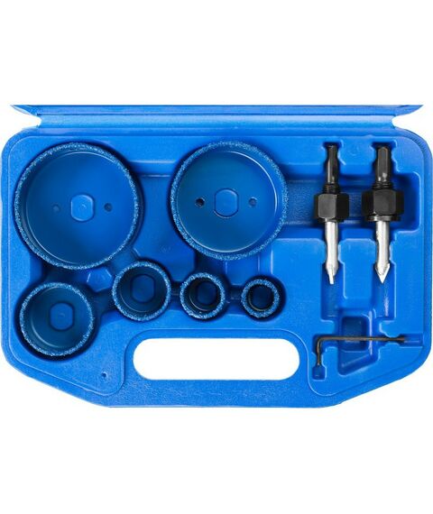 Буры, пики, коронки, сверла: Набор коронок-чашек Зубр Профессионал 33360-H6 c карбид-вольфрамовым нанесением, 6 коронок-чашек d 22, 28, 35, 44, 68, 73 мм, 2 державки со сверлами, ключ фотографии