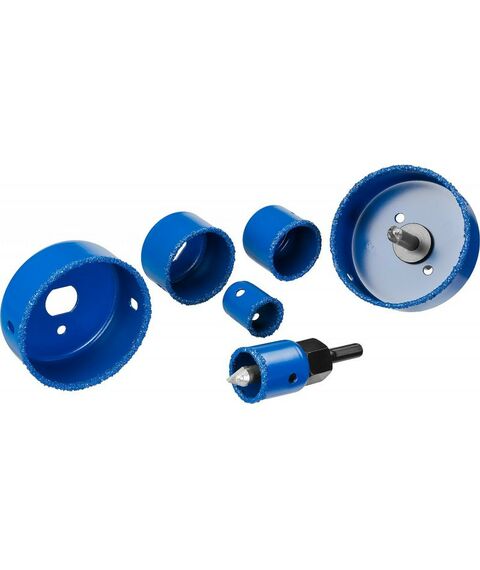 Буры, пики, коронки, сверла: Набор коронок-чашек Зубр Профессионал 33360-H6 c карбид-вольфрамовым нанесением, 6 коронок-чашек d 22, 28, 35, 44, 68, 73 мм, 2 державки со сверлами, ключ фотографии