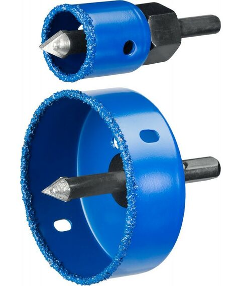 Буры, пики, коронки, сверла: Набор коронок-чашек Зубр Профессионал 33360-H6 c карбид-вольфрамовым нанесением, 6 коронок-чашек d 22, 28, 35, 44, 68, 73 мм, 2 державки со сверлами, ключ фотографии