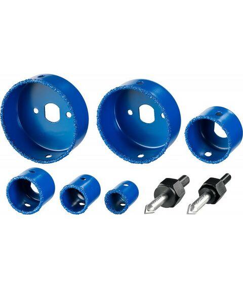 Буры, пики, коронки, сверла: Набор коронок-чашек Зубр Профессионал 33360-H6 c карбид-вольфрамовым нанесением, 6 коронок-чашек d 22, 28, 35, 44, 68, 73 мм, 2 державки со сверлами, ключ фотографии