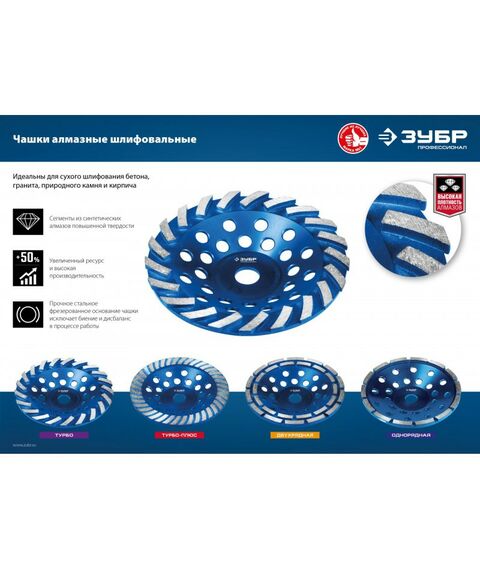 Шлифовка, зачистка: Сегментная алмазная чашка Зубр Профессионал Турбо d 180 мм [33370-180] фотографии