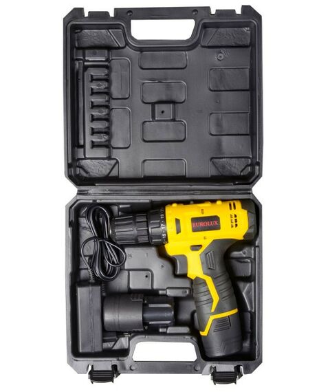 Дрели и шуруповерты: Дрель-шуруповерт аккумуляторная Eurolux ДА-12/2Li безударный, быстрозажимной, 0-400, 0-1400 об/мин, 25/13 Нм, 12В, 1.5 А*ч, 0.96 кг, кейс [72/14/38] фотографии