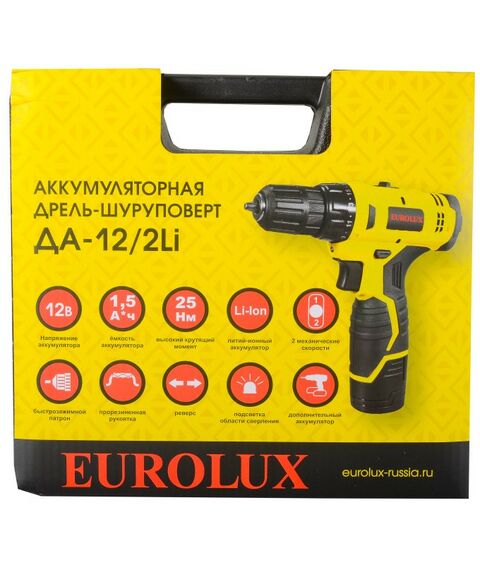 Дрели и шуруповерты: Дрель-шуруповерт аккумуляторная Eurolux ДА-12/2Li безударный, быстрозажимной, 0-400, 0-1400 об/мин, 25/13 Нм, 12В, 1.5 А*ч, 0.96 кг, кейс [72/14/38] фотографии