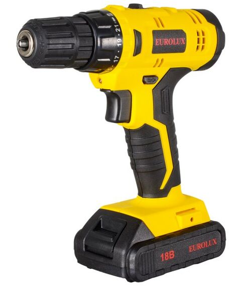 Дрели и шуруповерты: Дрель-шуруповерт аккумуляторная Eurolux ДА-18/2Li безударный, быстрозажимной, 0-400, 0-1400 об/мин, 30/12 Нм, 18В, 1.5 А*ч, 1.3 кг, кейс [72/14/40] фотографии