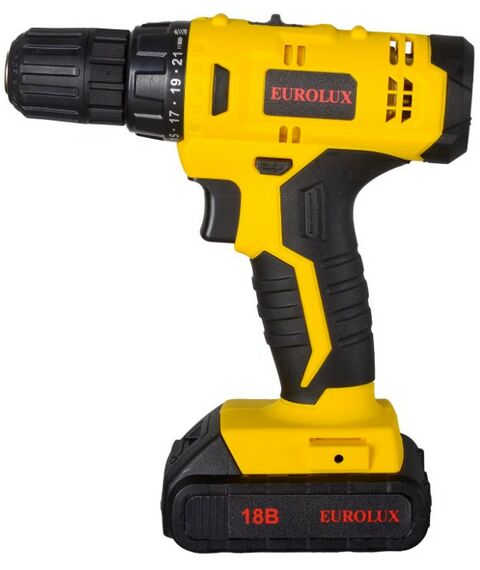 Дрели и шуруповерты: Дрель-шуруповерт аккумуляторная Eurolux ДА-18/2Li безударный, быстрозажимной, 0-400, 0-1400 об/мин, 30/12 Нм, 18В, 1.5 А*ч, 1.3 кг, кейс [72/14/40] фотографии