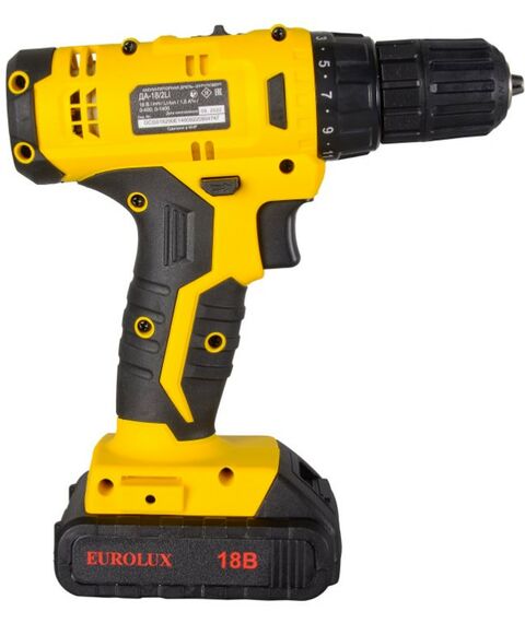 Дрели и шуруповерты: Дрель-шуруповерт аккумуляторная Eurolux ДА-18/2Li безударный, быстрозажимной, 0-400, 0-1400 об/мин, 30/12 Нм, 18В, 1.5 А*ч, 1.3 кг, кейс [72/14/40] фотографии