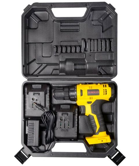 Дрели и шуруповерты: Дрель-шуруповерт аккумуляторная Eurolux ДА-18/2Li безударный, быстрозажимной, 0-400, 0-1400 об/мин, 30/12 Нм, 18В, 1.5 А*ч, 1.3 кг, кейс [72/14/40] фотографии