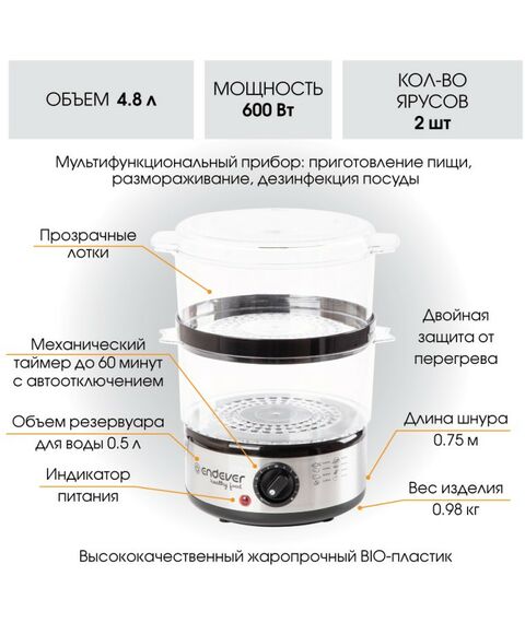 Пароварки: Пароварка Endever Vita-165 черный/стальной [90033] фотографии